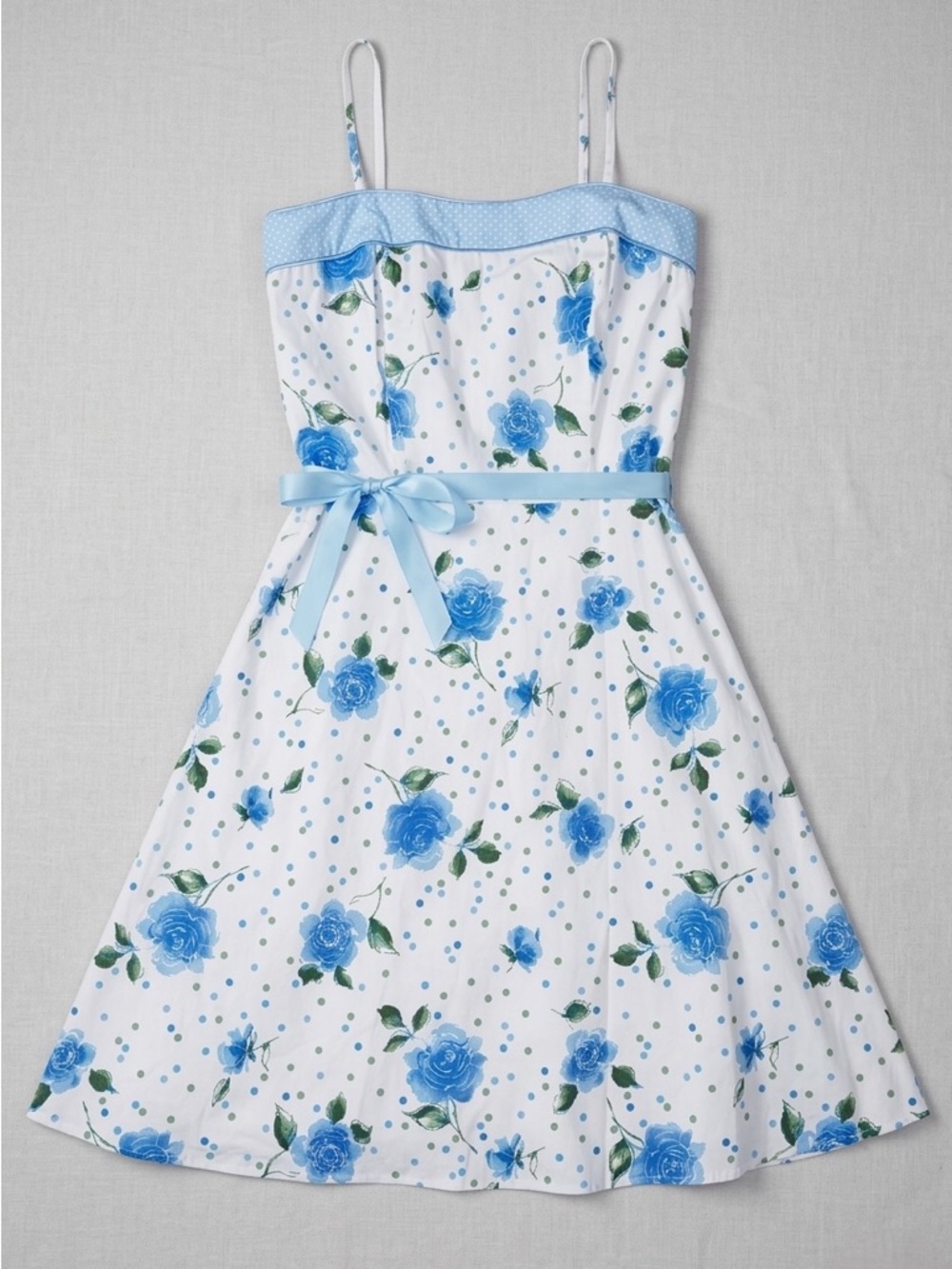 VOV Blue Floral Polka Dot Sundress Ribbon Tie Retro Cottagecore Large